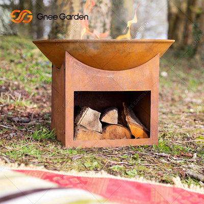 Okrągły ogródek ogrodowy opalany drewnem Corten Steel Fire Pit 3mm z magazynem drewna