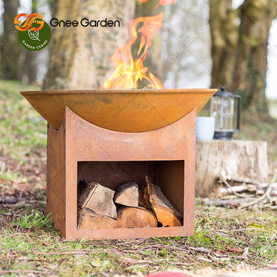 Okrągły ogródek ogrodowy opalany drewnem Corten Steel Fire Pit 3mm z magazynem drewna